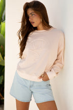 Beige Raw Edge Flower Patch Drop Shoulder Casual Top