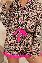Leopard Print Contrast Trim Long Sleeve Shirt and Drawstring Ruffle Hem Shorts Set