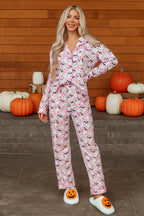 Pink Halloween Eve Haunted Honey Bat Print Pajama Set