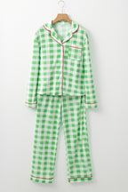 Light Green Christmas Plaid Print Shirt and Pants Pajama Set