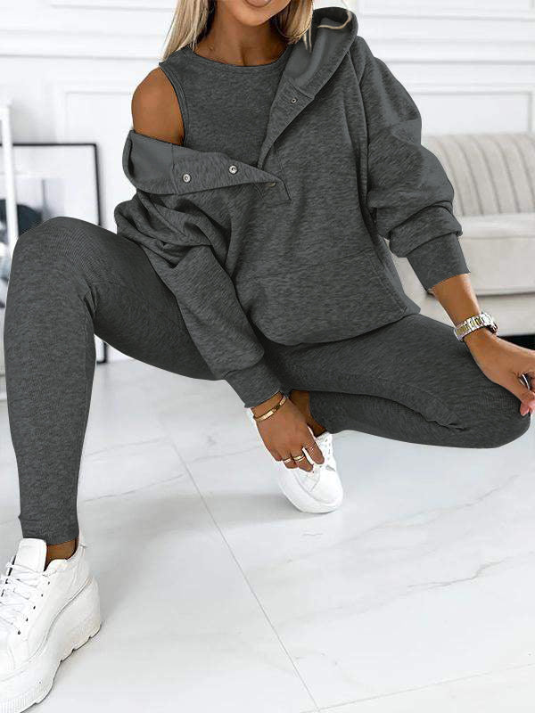 Comfortable & Stylish Grey Three-Piece Sweatshirt Set for Women - Includes Vest, Top, and Pants