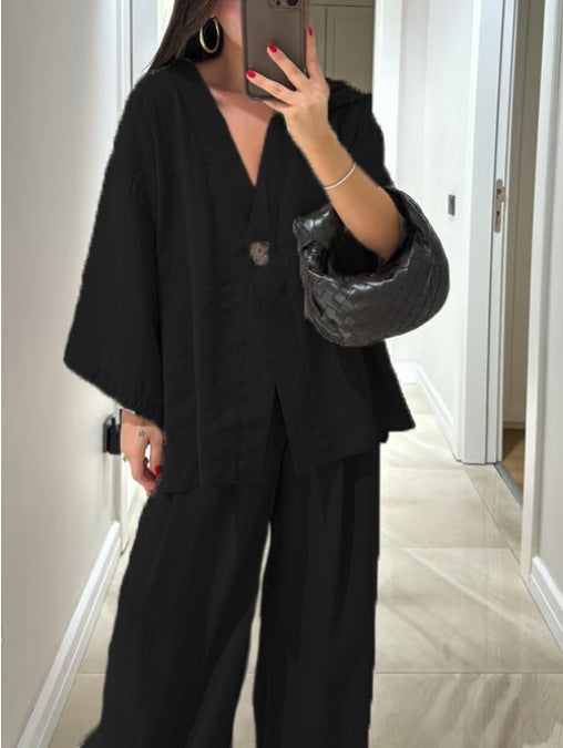 Women's Casual V-Neck Top and Matching Pants Two-Piece Set for Daily, Holiday, and Going Out