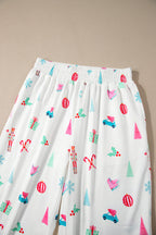 Festive White Christmas Print Lapel Shirt and Pants Sleepwear Set