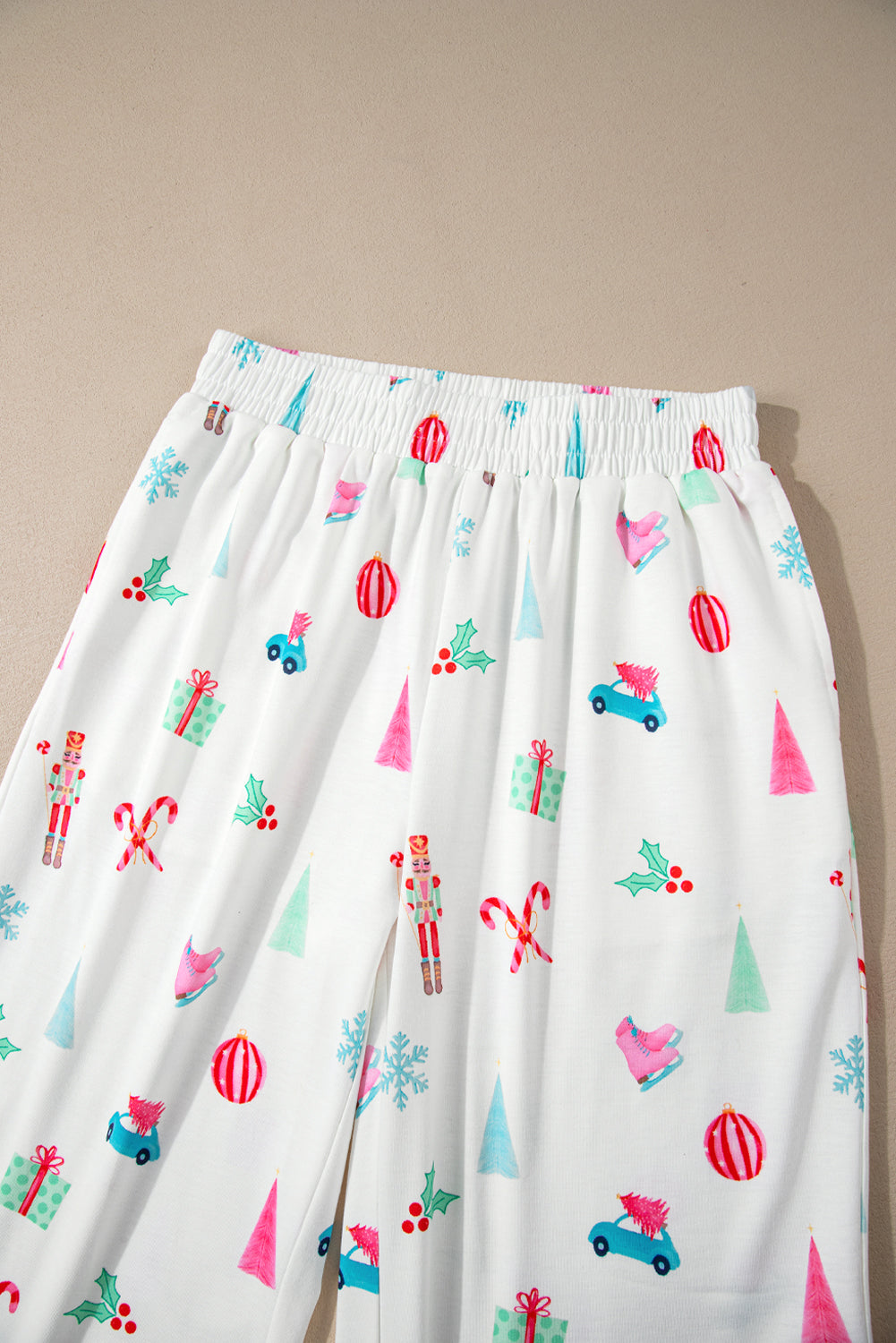 Festive White Christmas Print Lapel Shirt and Pants Sleepwear Set