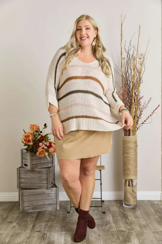 ADORA Full Size Multi Color Strip Sweater Plus Size