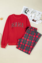 Festive Red Plaid Mama Graphic Christmas Holiday Crewneck Pullover and Pants Two-Piece Lounge Set