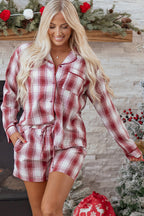 Red Retro Plaid Long Sleeve Shirt Drawstring Shorts 2pcs Lounge Set