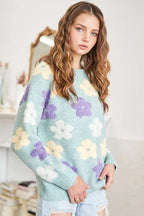 ADORA Full Size Floral Popped 2-Tone Sweater Top Plus Size