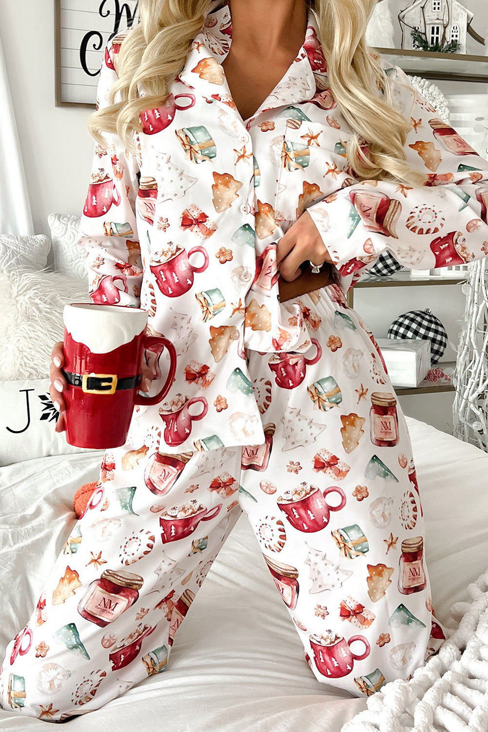 White Christmas Pattern Long Sleeve Shirt and Pants Pajama Set - Cozy & Festive Sleepwear