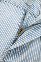 Sky Blue Stripe Button Flap Pocket Cuffed Hem Wide Leg Jeans