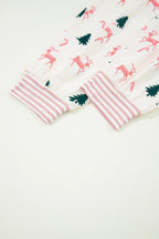 Pink Bow Christmas Tree Print Contrast Striped Banding 2pcs Lounge Set
