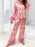 Heart Print Button Up Top and Pants Lounge Set