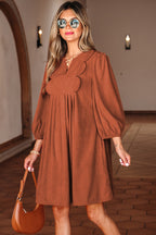 Cinnamon Bracelet Sleeve Split Neck Scallop Detail Pleated Corduroy Mini Dress