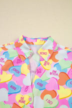 Pink Valentines Candy Heart V Neck Collared Tunic Shirt and Shorts 2pcs Pajama Set for Women