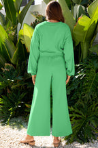Bright Green Drop Shoulder Puff Sleeve Crop Pullover Drawstring Wide Leg Pants Set