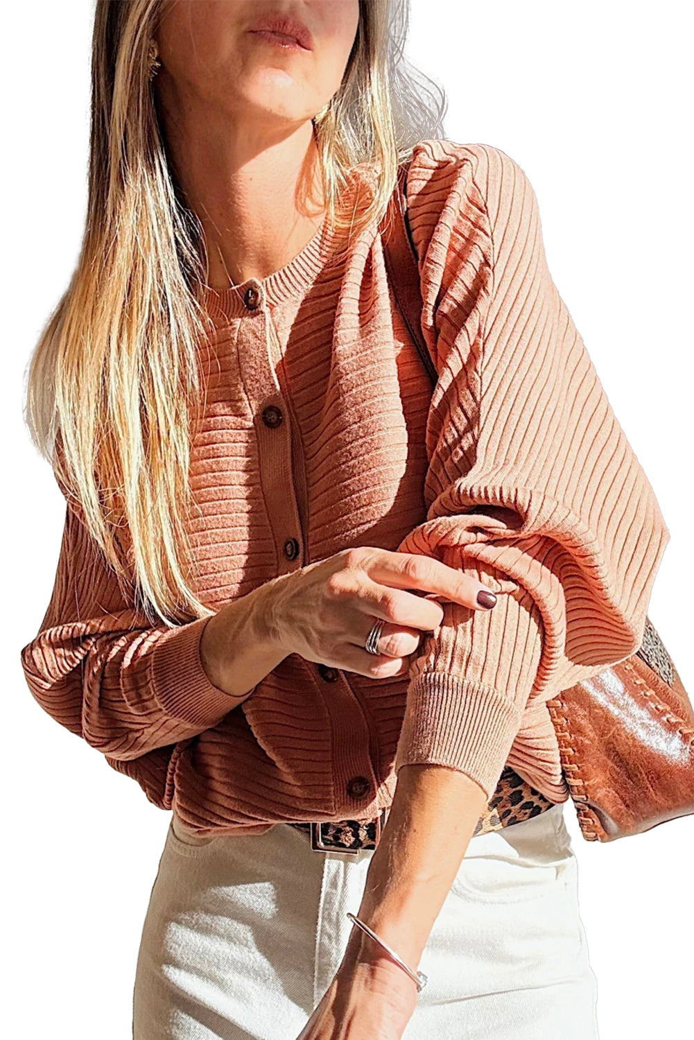 Apricot Pink Wide Rib Knit Button Front Dolman Sleeve Sweater Cardigan