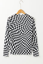 Black Checkered Pattern Mesh Mock Neck Long Sleeve Top