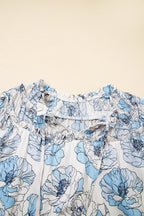 Sky Blue Floral Print Tie Neck Long Sleeve Flowy Mini Dress