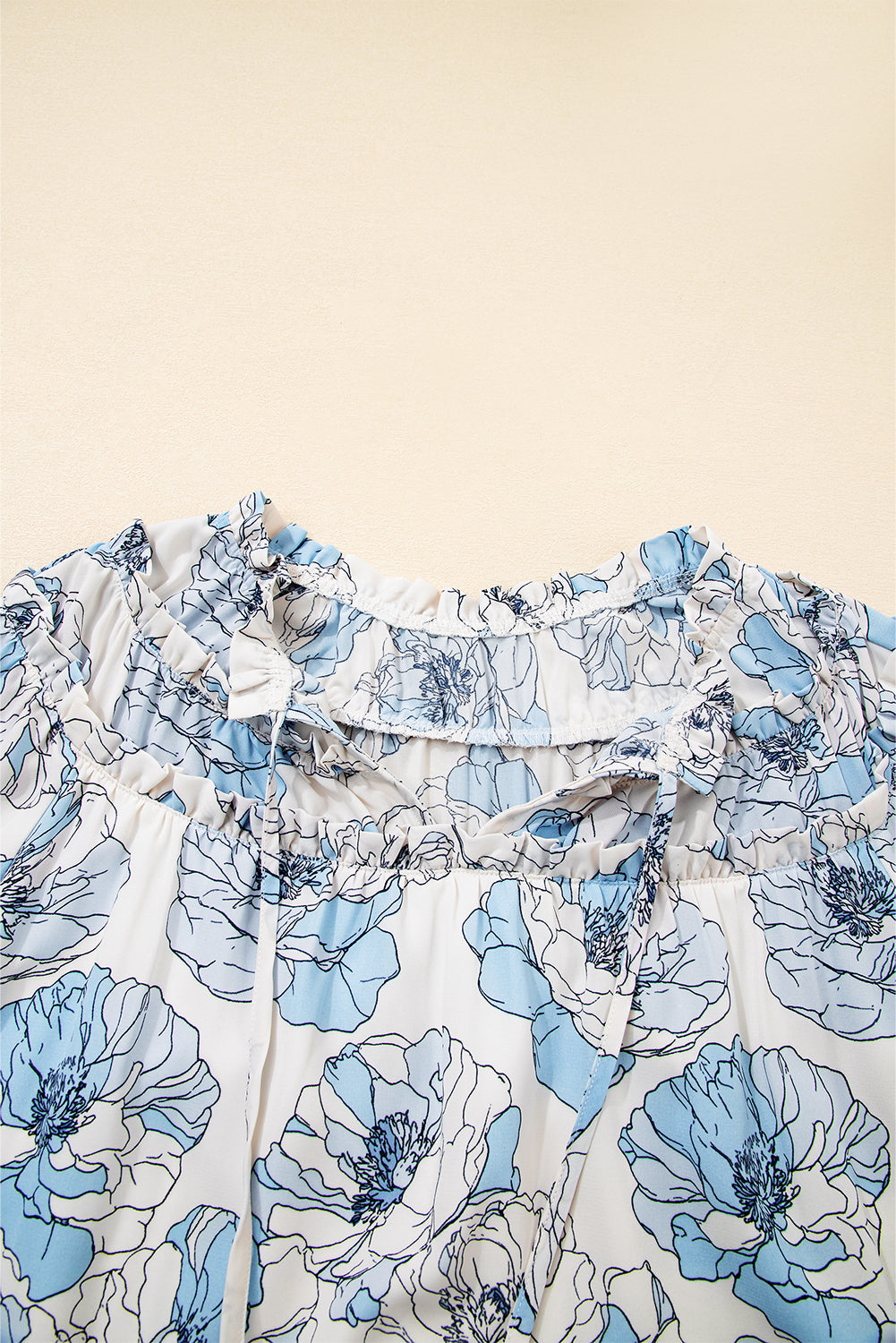 Sky Blue Floral Print Tie Neck Long Sleeve Flowy Mini Dress