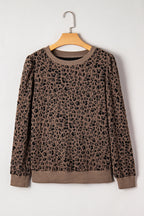 Brown Ribbed Trim Leopard Print Long Sleeve Top