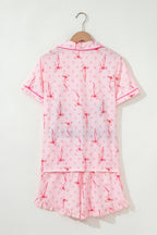 Pink Bow Print Contrast Pipping Short Pajamas Set
