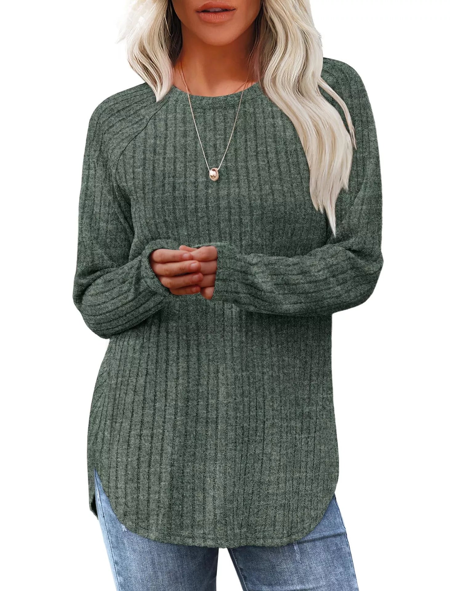 Casual Ribbed Knit Long Sleeve T-Shirt