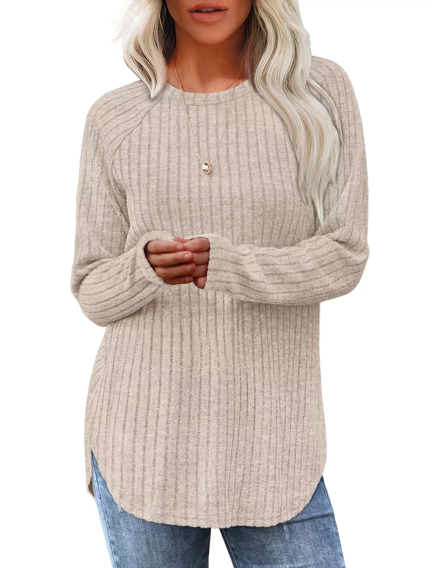 Casual Ribbed Knit Long Sleeve T-Shirt