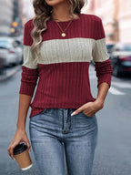 Color Block Ribbed Knit Long Sleeve T-Shirt