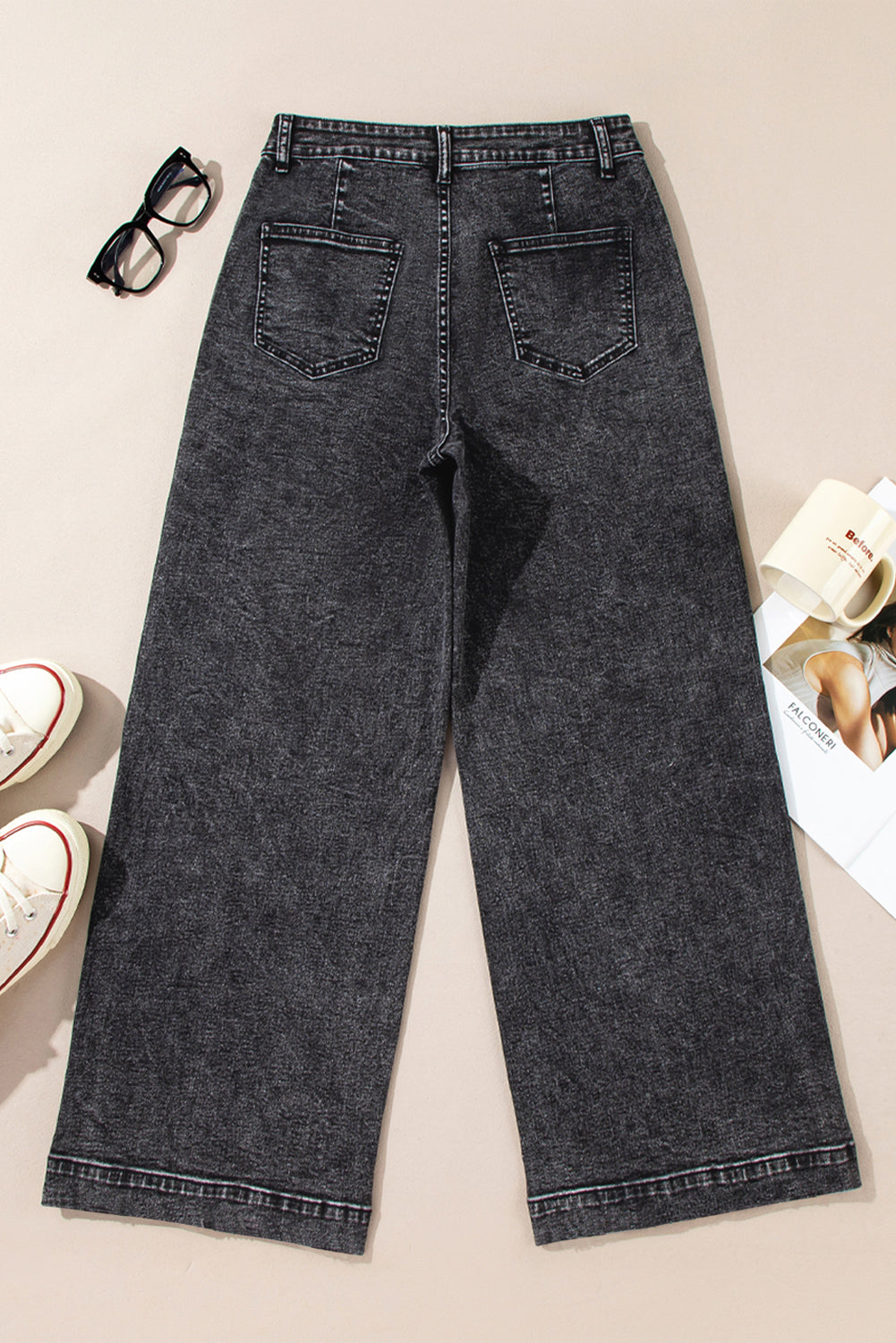 Black Chic Patch Pocket Straight Leg Loose Jeans
