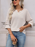 Striped Notched Long Sleeve T-Shirt