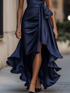 Midnight Elegance Satin Halter Ruffle Gown