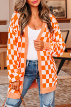 Orange Checkered Open Front Drop Shoulder Cardigan