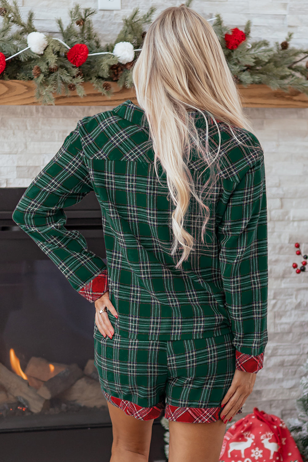 Festive Green Plaid Contrast Patched Christmas Holiday Long Sleeve Shirt & Short Pajama Set for Women