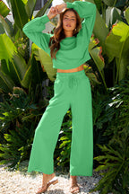 Bright Green Drop Shoulder Puff Sleeve Crop Pullover Drawstring Wide Leg Pants Set