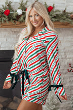 Cozy Green Stripe Contrast Velvet Ribbon Knot Pajama Set - 2-Piece Sleepwear