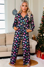 Navy Blue Christmas Lights Print Shirt and Pants Pajama Set - Festive & Comfortable