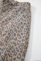 Khaki Leopard Printed Drawstring Elastic Waistband Pocketed Wide Leg Jeans