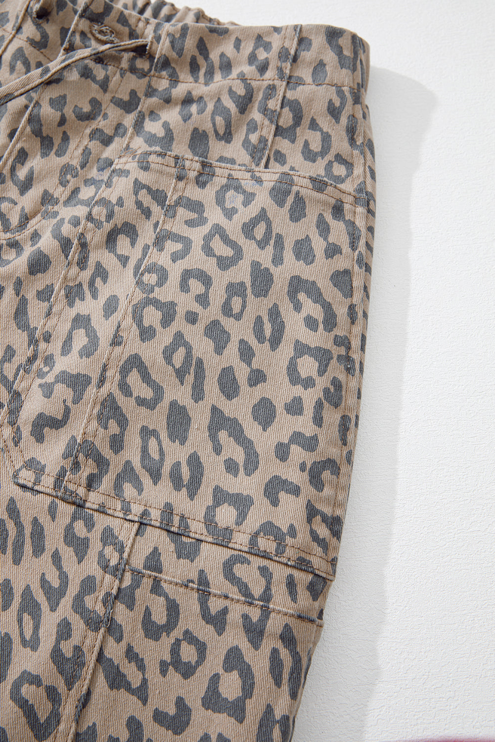 Khaki Leopard Printed Drawstring Elastic Waistband Pocketed Wide Leg Jeans