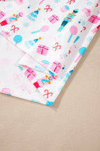 Festive White Christmas Pattern Long Sleeve Top and Wide Leg Pants Loungewear Set for Women