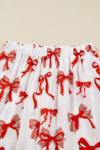 Festive Red Bow Print Long Sleeve 2-Piece Pajama Set for Christmas