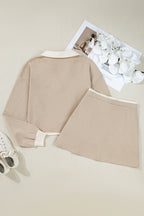 Parchment Raw Edge Detail Colorblock Patchwork Cropped Pullover Drawstring Skirt Set