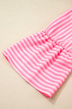 Pink Stripe Flare Sleeve Half Placket Tiered Flowy Mini Dress