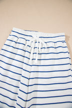 Sail Blue Striped Long Sleeve Top Drawstring Wide Leg Pants 2pcs Outfit