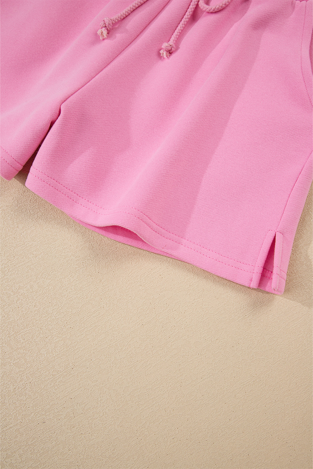 Strawberry Pink Color Block Pullover and Lace-up Elastic Waist Shorts Set