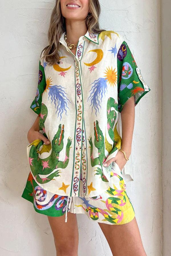 Days of Heaven Linen Blend Unique Print Blouse & Elastic Waist Pocketed Shorts Set - Vacation Wear | Loose Fit
