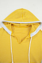 Yellow Stripe Color Block Drawstring V Neck Loose Fit Hooded Top