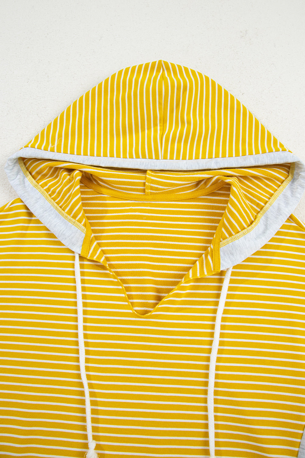 Yellow Stripe Color Block Drawstring V Neck Loose Fit Hooded Top
