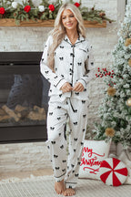 Elegant White Bows Print Two-Piece Sleepwear Set - Long Sleeve Collar Top & High Waist Pants