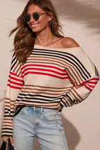 Red Stripe Raw Seam Round Neck Drop Shoulder Sweater