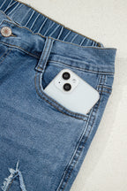 Stone Blue Star Patchwork Cropped Wide Leg High Waist Jeans